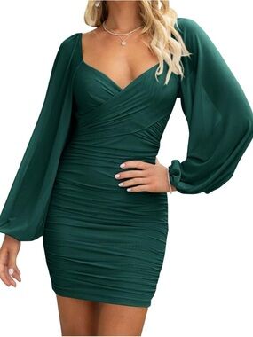 Green Ruched Long-Sleeve Mini Dress